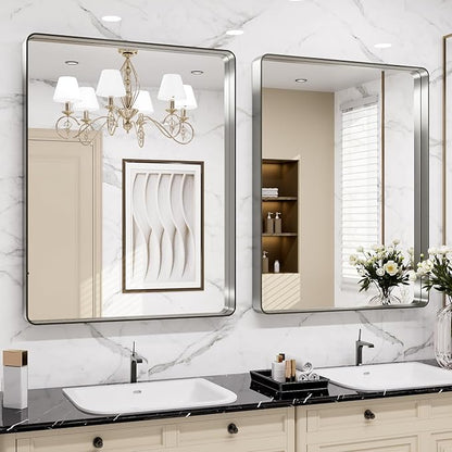 LOAAO 20X30 Inch Brushed Nickel Bathroom Mirror, Rounded Rectangle Silver Metal