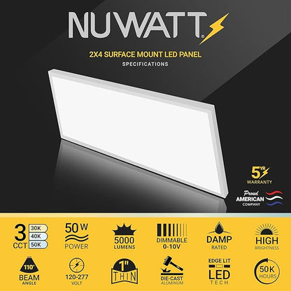 NUWATT 2 Pack, 2x4 LED Flat Panel Light, 120-277V, 3CCT 3000K/4000K/5000K Selectable, 5500LM, 50W, Internal Driver, Dimmable 0-10V, 2 x 4 FT Surface Mount LED Panel, 1 Inch Thin 2x4 Ceiling Light