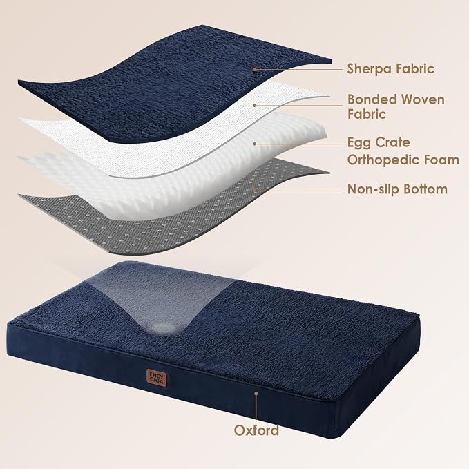 EHEYCIGA Orthopedic Dog Bed Large with Removable Washable Cover, 41IN Navy | Egg Crate Foam Support, Durable Oxford fabric, Non-Slip Bottom, Machine Washable, Soft Waterproof Plush Pet Bed Mat For Crate