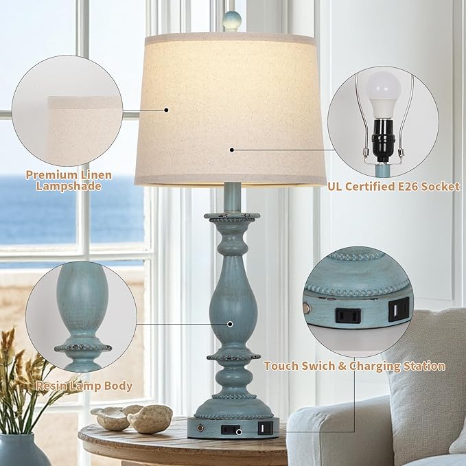 28" Tall Coastal Table Lamps for Living Room Set of 2, Farmhouse Rustic Blue Bedside Touch Lamp with USB C+A Ports & Outlet, 3-Way Dimmable Resin Nightstand Lamps for Bedroom Side End Table