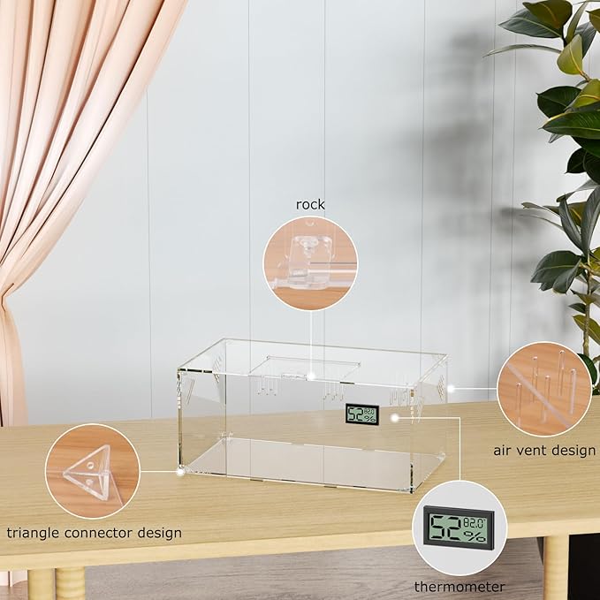 Acrylic Tarantula Enclosure, Reptile Terrarium Breeding Tank w/Temperature Hygrometer,Habitat Reptiles Feeding Box Isopod Terrarium Cage for Insect Lizard Home Office (Reptile-Tank-L(No Tray))