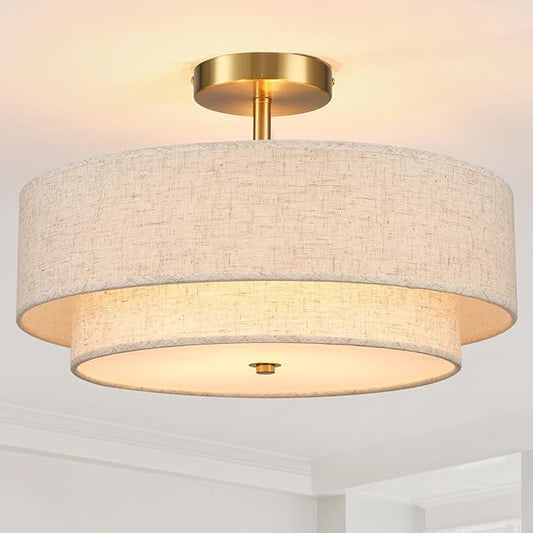 18" Semi Flush Mount Ceiling Light with Fabric Lampshade Modern Drum Ceiling Lamp Gold Ceiling Light Fixture for Dining Room Kitchen Bedroom Living Room