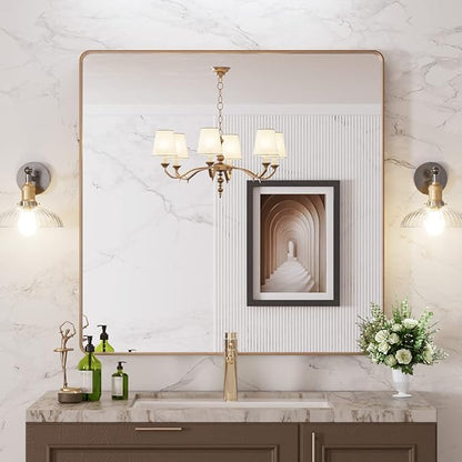 LOAAO 36”X36” Gold Bathroom Mirror, Rounded Rectangle Gold Frame Mirror