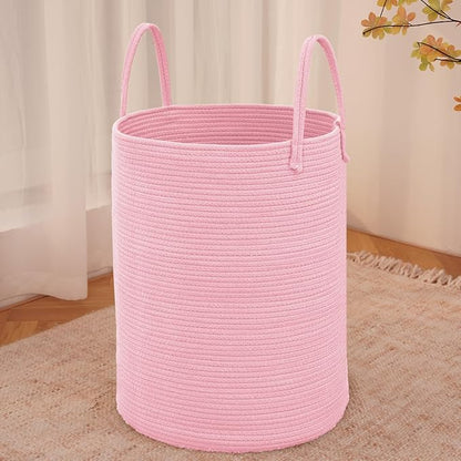Large Woven Laundry Basket Hamper,100L Cotton Rope Storage Bin for Blankets,Toys and Clothes,Decorative Tall Nursery Hamper for Living Room,Baby Nursery,Bathroom and Bedroom,Pink