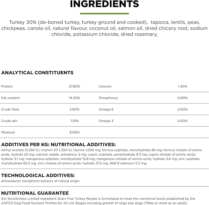 Go! Solutions Sensitivities Limited Ingredients, Grain-Free Dry Dog Food, Turkey Recipe for Sensitive Stomach, 3.5 lb Bag