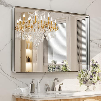 LOAAO 48X32 Inch Brushed Nickel Bathroom Mirror, Rounded Rectangle Silver Metal
