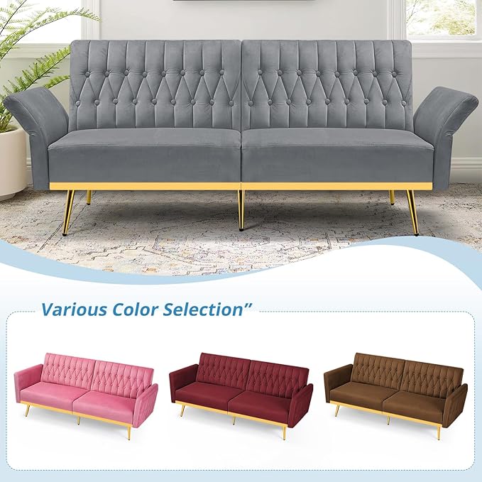 70” Velvet Futon Sofa Bed with 2 Pillows and Adjustable Armrests, Convertible Sleeper Bed W/Adjustable Backrests, Modern Loveseat for Living Room, Bedroom, Light Grey