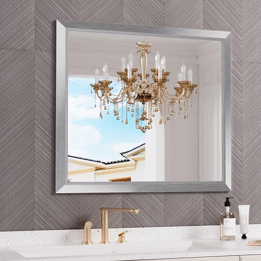 Amorho 40x36 Inch Bathroom Mirror Silver, Thick Metal Framed Wall Mirrors