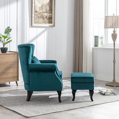 DM Furniture Mid Century Accent Chair with Ottoman Modern Button Tufted Armchair Wingback Club Chair Velvet Single Sofa Lounge Chair with Pillow for Living Room Bedroom, Teal Blue