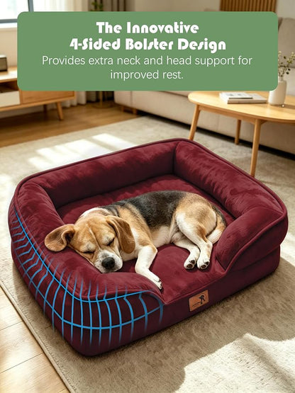 Spotted Play Orthopedic Dog Bed with Sides - Sofa Beds for Medium Dogs, Supportive Foam Pet Couch Bed with Washable Removable Cover, Waterproof Lining and Non-Slip Bottom, Burgundy - M