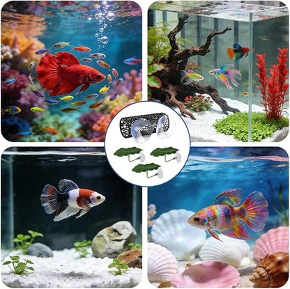 Betta Fish Toy, Betta Fish Tunnel Hammock, Safe Aquarium Decor for Smallfish Shrimp, Bettas Tank Accessories with Suction Cup & Simulated Lotus Leaves Perfect for Hideout/Play Area