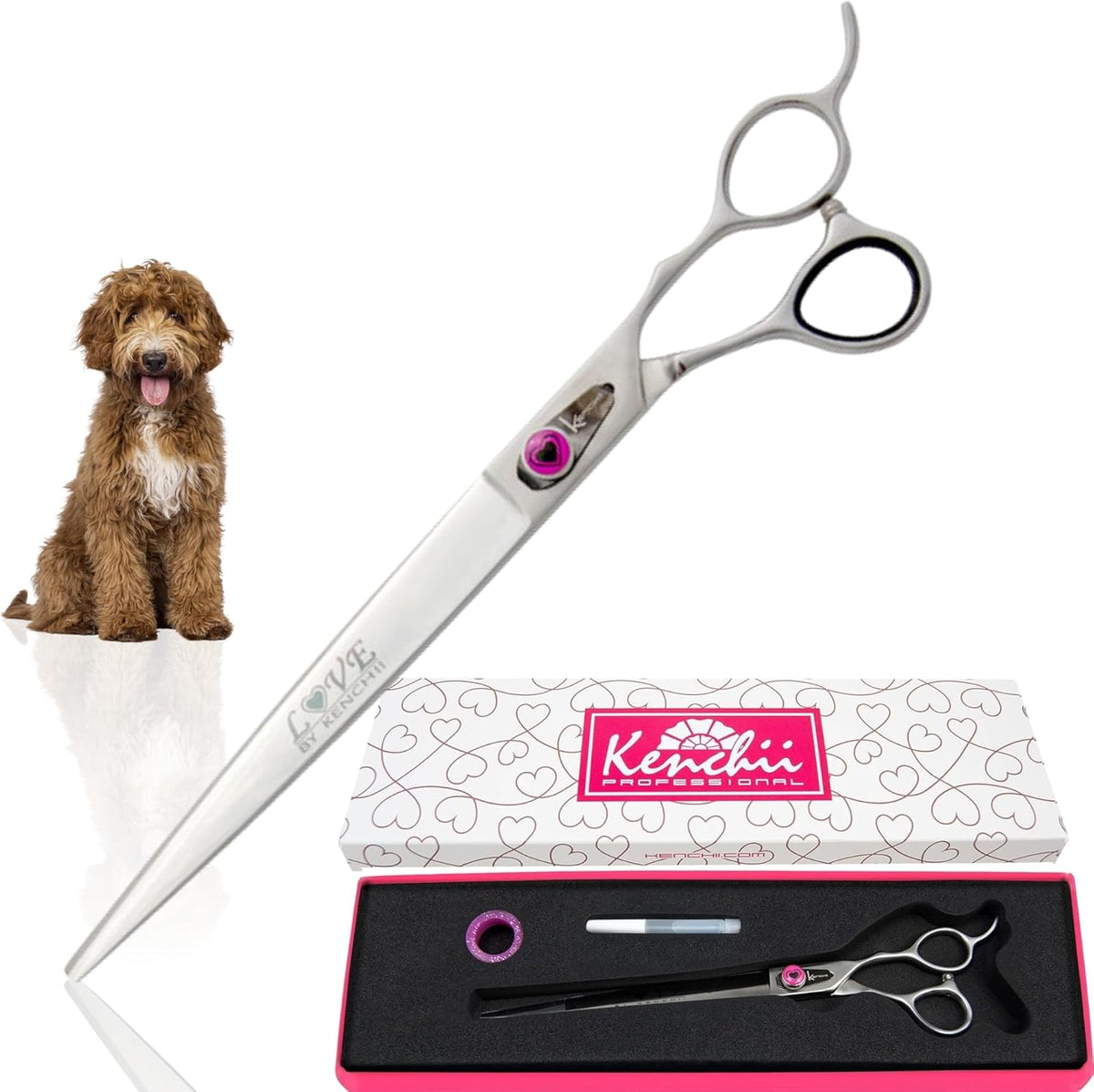 Kenchii Love Dog Grooming Scissors, 9 Inch Straight Shears, Dog Scissors for Grooming, Professional Pet Grooming Scissors, Heavy Duty, Durable and Sharp