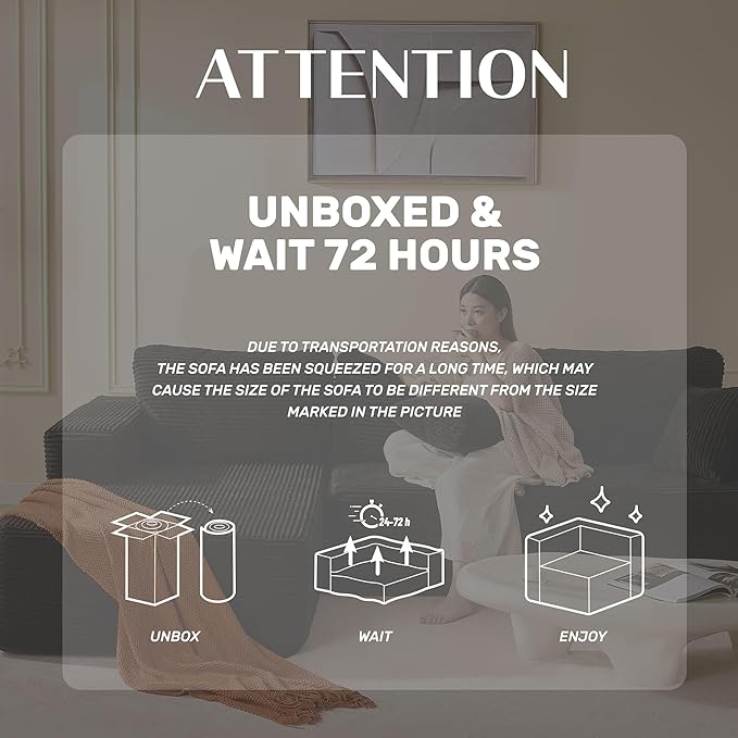 107" Boneless Couch with Deep Seat, Modular Sectional Sofa, Cloud Sectional Couch for Living Room, No Assembly Required, Corduroy, L-Shape Left?Black