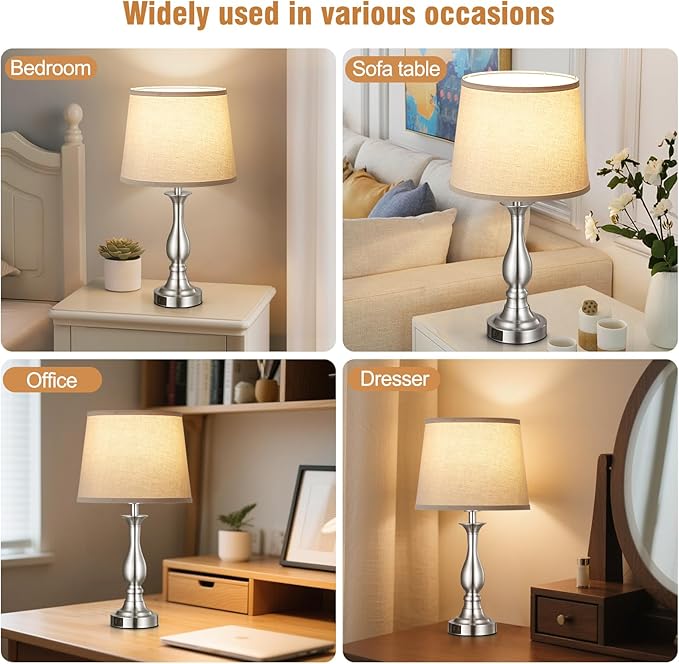 Bedside Table Lamp Touch Control Bedroom Lamps with USB A and C Charging Port 3 Way Dimmable Touch Lamps for Nightstand Living Room Bedroom Dorm Home Office Reading, Set of 2