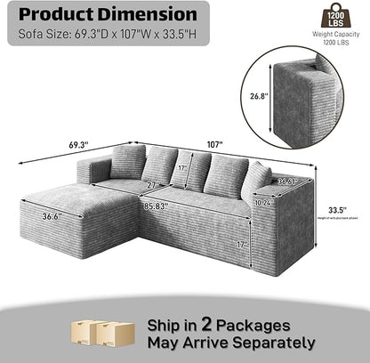 Modular Sectional Sofa, 107" L Shaped Cloud Couch Plush Corduroy Deep Seat Boneless Sofas with 5 Pillows Long Chaise Lounge Couches Memory Foam for Living Room - Grey, Left Facing Chaise