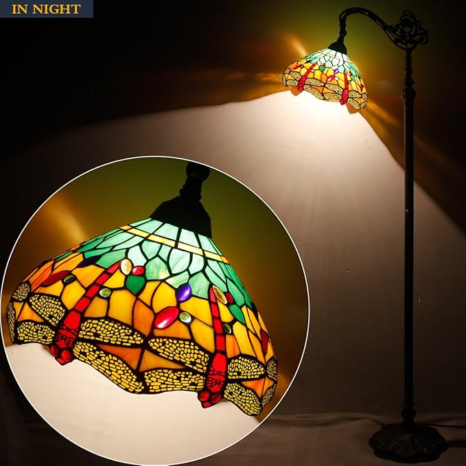 WERFACTORY Tiffany Floor Lamp Green Yellow Stained Glass Dragonfly Arch Lamp 12X18X64 Inch Gooseneck Adjustable Corner Standing Reading Light Decor Bedroom Living Room S009G Series