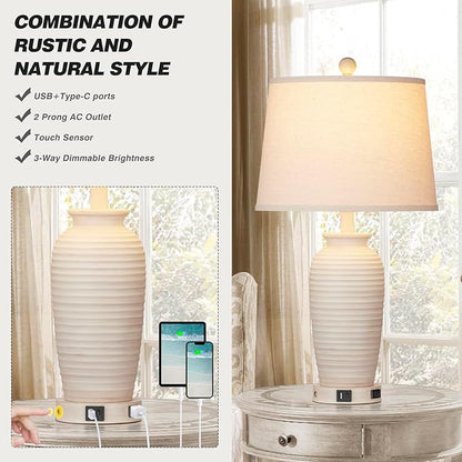 24.3" Farmhouse Jar Table Lamps Set of 2, 3 Way Touch Control Rustic Bedside Lamps with USB A+C Ports & AC Outlet, Pot Nightstand Lamps for Bedroom Living Room (LED Bulbs Included)