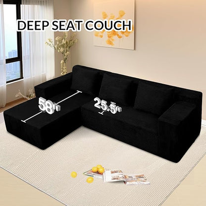 ANONER 103" L-Shaped Cloud Couch with Chaise, Modular Sectional Corner Sofa with Deep Seat, Modern Minimalist Boneless Couch, Free Combination Couches for Apartment (Black)
