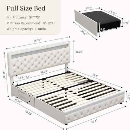Full Led Bed Frame with 2 Drawers, Upholstered Bed Frames Full Size with 2 Storage Pockets, Platform Bed with Adjustable Height Crystal Button Tufted Headboard, No Box Spring Needed, PU White