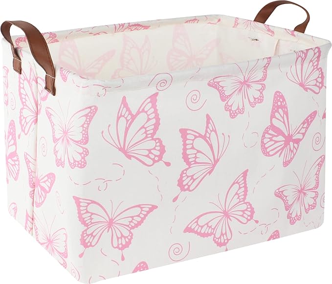 CLOCOR Rectangular Pink Basket, Collapsible Storage Bin, Waterproof Storage Box with Handles, Gift Organizer, Shelf Basket(Pink Butterfly)