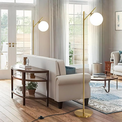 Mid Century Floor Lamp for Living Room Modern Tall Standing Lamp with Frosted Glass Globe Shades Contemporary Brass Freestanding Lamp for Office Bedroom (Gold)