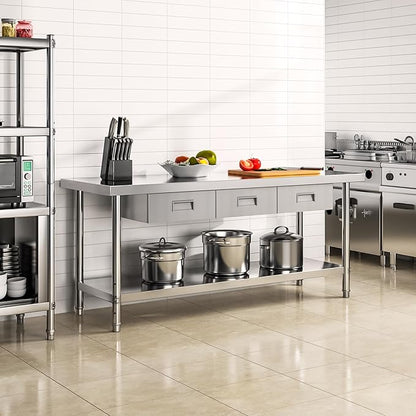 YITAHOME 60" X 24" NSF Stainless Steel Table with 3 Drawers, Work Table with Drawer, Metal Table Prep Table for Commercial Home Kitchen Restaurant Garage Warehouse
