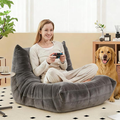 Bean Bag Chairs for Adults - Comfy High-Density Foam Fireside Chair, Adult Size, Soft Dutch Velvet Cover Beanbag Couch, Versatile for Living Room, Bedroom, Dorm, Reading & Gaming (Grey)