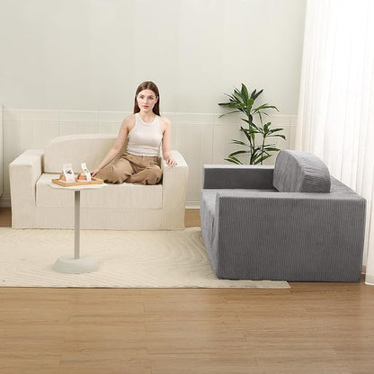 MeMoreCool Convertible Sofa Bed – Small Beige Fold Out Couch for Adults, Corduroy Floor Sleeper Loveseat Compact Trifold Sofa | Boneless Cloud Couch | No Assembly | Guest Bed for Bedroom & Apartment
