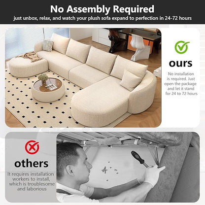 138.6" Modular Sectional Couches Luxury Modern Curved Back U-Shape Sofa Set with Ottoman,Minimalist Comfy Boneless Cloud Couch for Living Room Apartment,(Right Facing Chaise,White)
