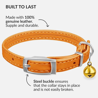 CollarDirect Leather Cat Collar with Bell - Kitten Collar, Small and Big Cat Strap for Boy Cats, Girl Cats with Safety Elastic Strap (Neck Fit 6"-7", Orange)
