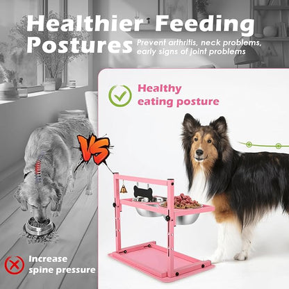 SHAINFUN Pink Elevated Dog Bowl Stand with Two 1700ml Stainless Steel Food Bowls, Slow Feeder and Spill Proof Mat, Adjustable Feeder for Large, Medium and Small Dogs