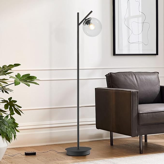 Modern Black Floor Lamps for Living Room Industrial Clear Globe Tall Standing Lamp Mid Century Freestanding Lamps Vintage Metal Floor Lamp for Bedroom Office