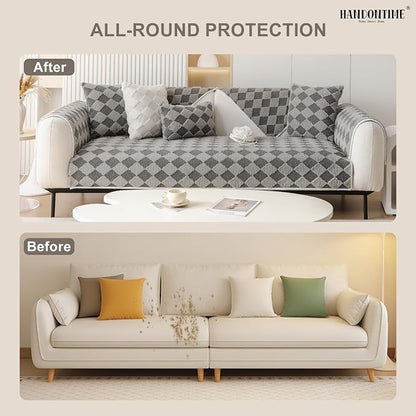 HANDONTIME Non-Slip Pet Couch Cover Washable, Plush Faux Fur Couch Protector for Cushion Pet-Friendly Sofa Covers for Dogs, Checkered Diamond Sectional Covers Dog Mat for Sofa (Grey, 35.6" x 35.6")