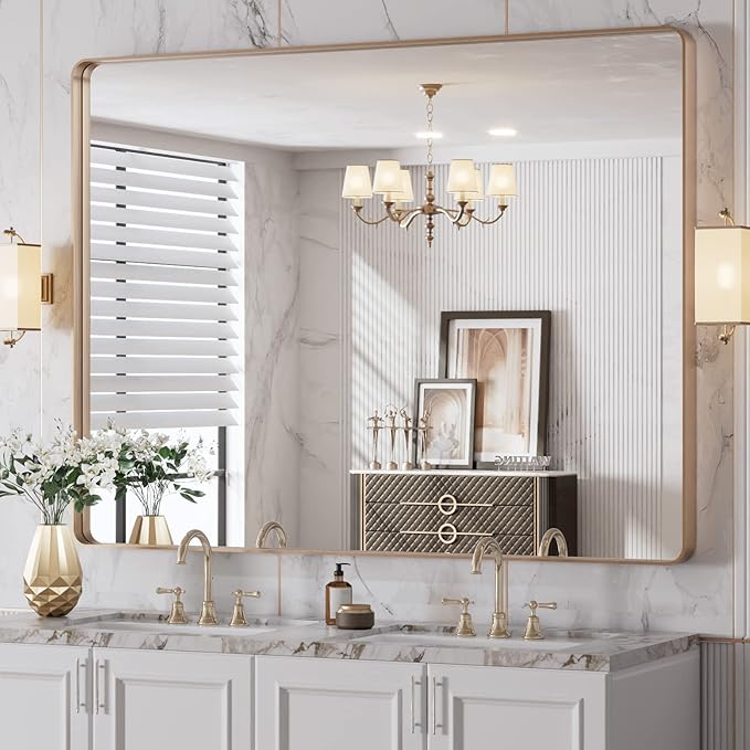 LOAAO 48”X36” Gold Bathroom Mirror, Rounded Rectangle Gold Frame Mirror