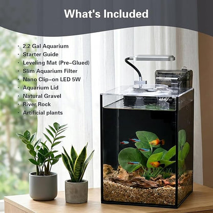 2.2 Gallon Small Aquarium Set Glass Fish Tank,Desktop Small Aquarium Kit for Beginners and Children to Keep Betta Fish, Goldfish, Shrimp, and Aquatic Plants (Black, 2.2 Gallon (Complete Kit))