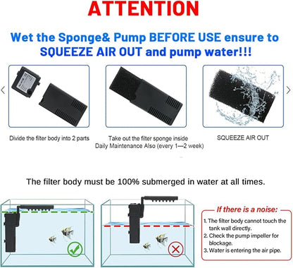 Aquarium Filter Small Betta Fish Tank Filter for 2-15 Gallon Silent 4-in-1 Adjustable Air Flow Fish Turtle Shrimp Tank Filter Submersible Aquarium Internal Filter 79 GPH Biochemical Rainwater