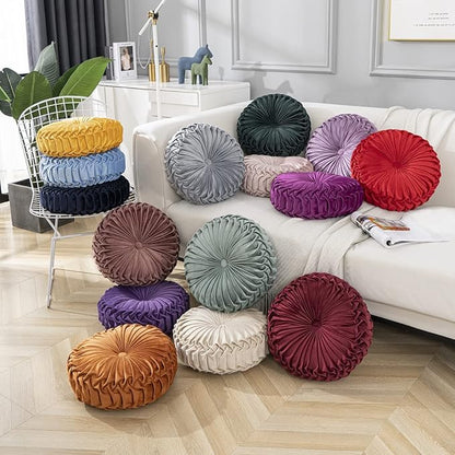 vctops Solid Velvet Seat Cushions Round Floor Pillows Thicken Chair Cushions Pleated Chair Pads Seat Pad Throw Pillows for Bedroom Living Room (Light Green,Diameter 15")