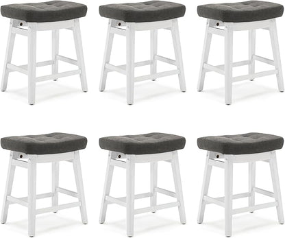 RNKSFX Counter Height Bar Stools Set of 6 for Kitchen Counter Farmhouse Modern Barstools with Faux Leather Upholstered Backless Seat and Solid Wood Legs 24 inch Bar Chairs, Grey + White