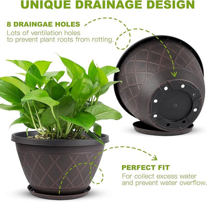 4 Pack 16 Inch Large Plant Pots, Plastic Flower Pots for Indoor & Outdoor with Drainage Holes & Saucer, Imitation Diamond Pattern Design Planters Garden Pots for Herbs (Brown)