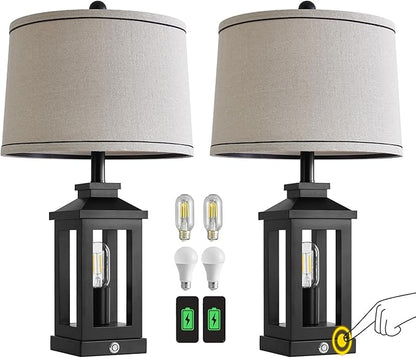 23.75" Retro Farmhouse Black Table Lamp for Living Room Bedroom Nightstand Set of 2 Touch Control Bedside Nightlight Vintage Modern Lamp with USB C+A Ports and 2 Light Sources