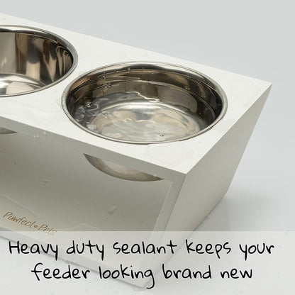 Elevated Dog Bowl Stand- 7" Raised Dog Bowl for Medium Dogs. Pet Feeder with Four Stainless Steel Bowls (White)