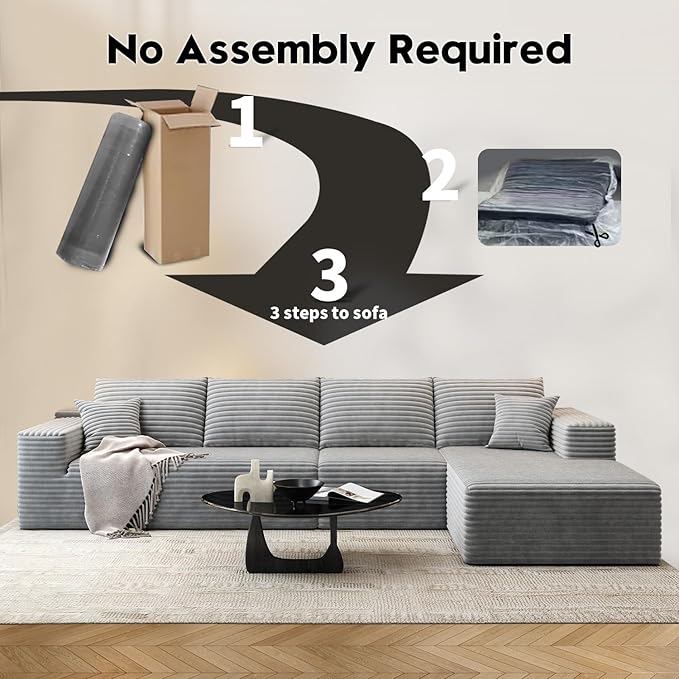135.4" Cloud Modular Sectional Sofa Couch with L-Shape Chaise,Modern Minimalist Upholstered Couches for Living Room Bedroom,Deep Seat Corner Couch，No Assembly Required (Grey,Right Facing Chaise)