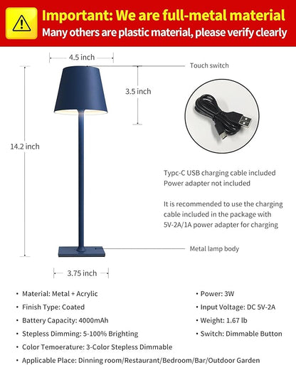KDG 2 Pack Cordless Table Lamp,Portable LED Desk Lamp, 4000mAh Battery Operated, 3 Color Stepless Dimming Up, for Restaurant/Bedroom/Bars/Outdoor Party/Camping/Coffee Shop Night Light(Blue)