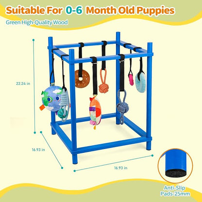 Wooden Puppy Play Gym for Small Dog with 8 Hanging Toys, Blue Frame | Wood Puppy Jungle Gym Indoor & Dog Enrichment Toys for Puppies 0-6 Months