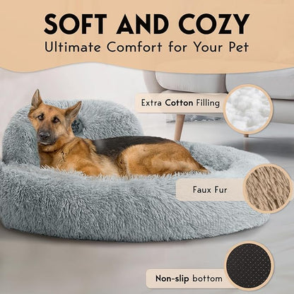 PetJett XL Dog Beds for Large Sized Dog - 45'' Extra Large Dog Bed, Anti-Slip & Washable Super Soft Round Donut Bed, Fluffy Faux Fur Anti-Anxiety Premium Comfort Pet Bed, Fits Dogs up to 120 lbs