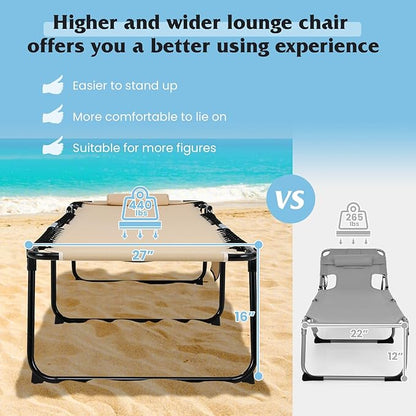 GYMAX Lounge Chair for Outside, 440lbs 27” Oversize Folding Beach Tanning Sunbath Chair with Adjustable Backrest & Removable Pillow, Lightweight Portable Patio Lounger for Lawn Poolside (Sand,2)