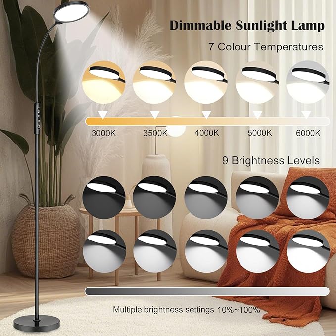Light Therapy Lamp 11000 Lux, 3 in 1 UV-Free LED Sunlight Lamp with 9 Brightness Levels & 7 Color Temperatures, Height Adjustable Floor Light, Full Spectrum Happy Therapy lamp for Home Office Bedroom