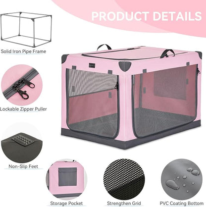 PETSFIT 36" Soft Portable Dog Crate – Patented Spiral Sturdy Frame, Collapsible Travel Kennel for Medium & Large Dogs, 3 Mesh Door, Lockable Zippers, Indoor & Car Use Pink