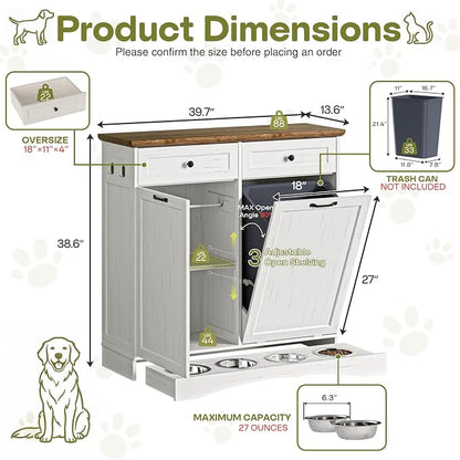 Furnaza Pet Feeding Station with 4 Bowls, Dual Doors Dog Cabinet Storage | White 39.7"W Dual Doors Pet feeding station with storage for dogs and cats, Pet Food Storage for Kitchen, Living Room