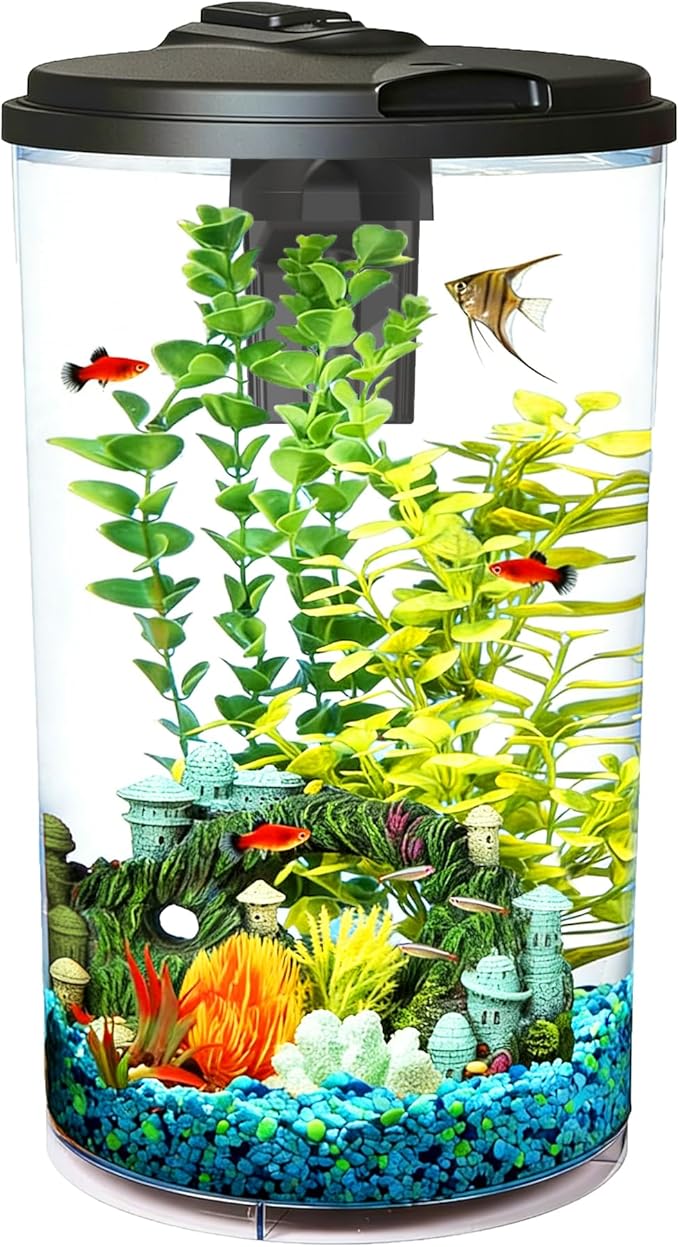 Koller Products Plastic 6-Gallon AquaView 360 Aquarium Kit for Tropical Fish, Betta Fish with LED Lighting and Power Filter Clear, 4-Piece Set